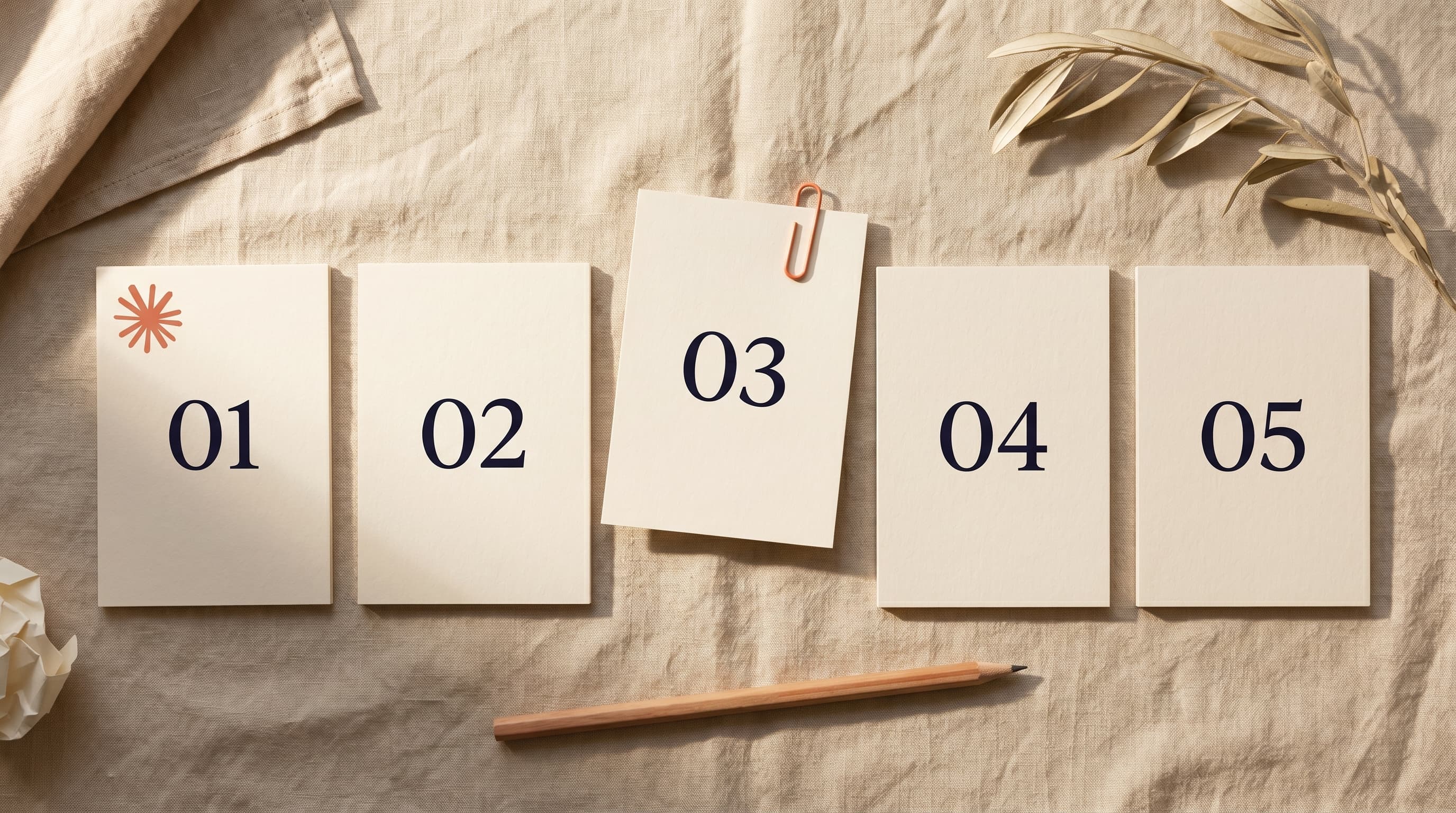 Five cream index cards numbered 01 to 05 arranged in a row
