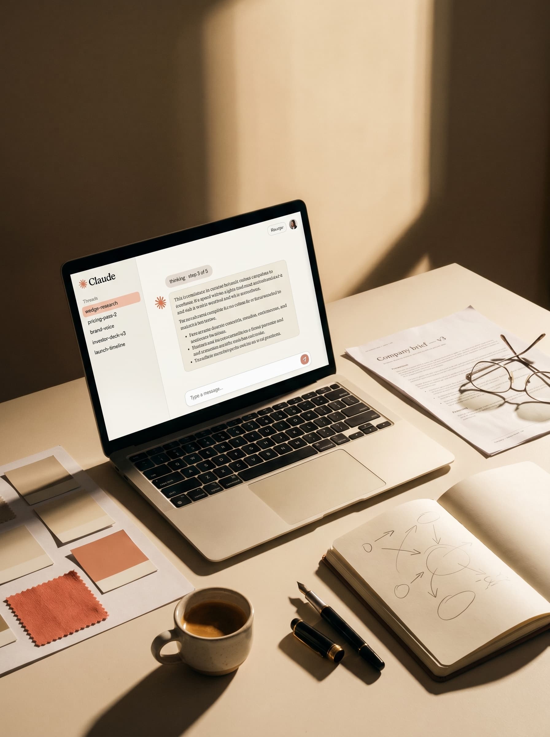 A founder's quiet workspace at golden hour - laptop, notebook, coral ribbon