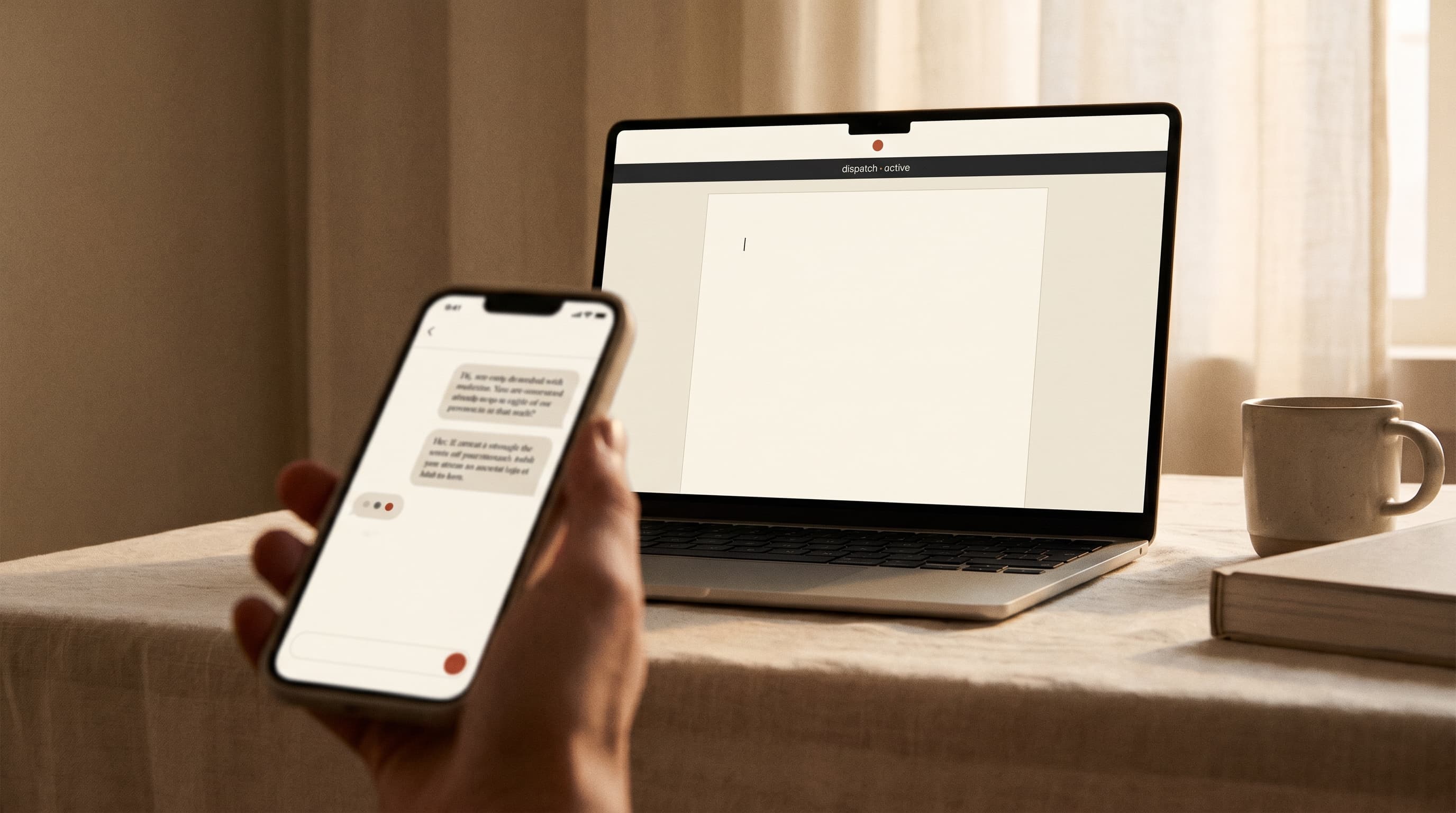 A hand holding a phone with a Claude chat while a laptop in the background shows dispatch active